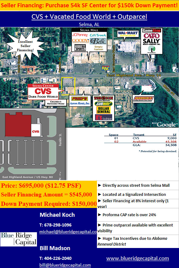 Selma CVS + Vacated Food World + Outparcel in Selma AL For Sale